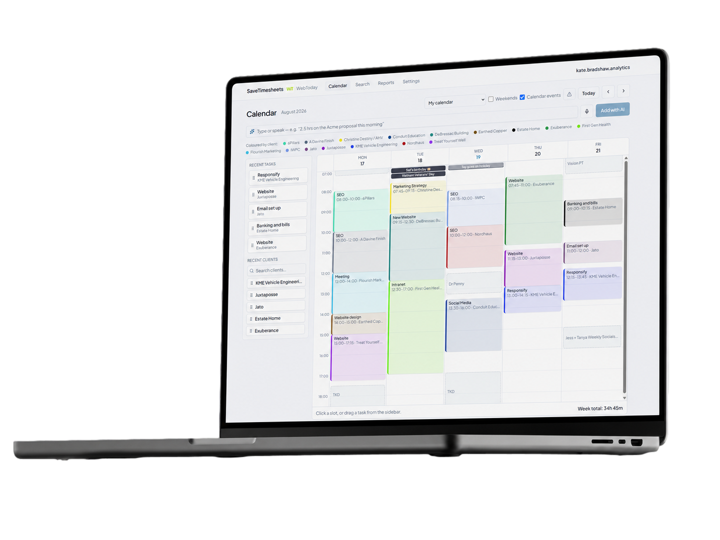 The SaveTimesheets weekly calendar on a laptop